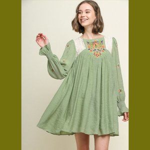 UMGEE S M L Sage Floral Embroidered lace trim baby doll lined swing dress
